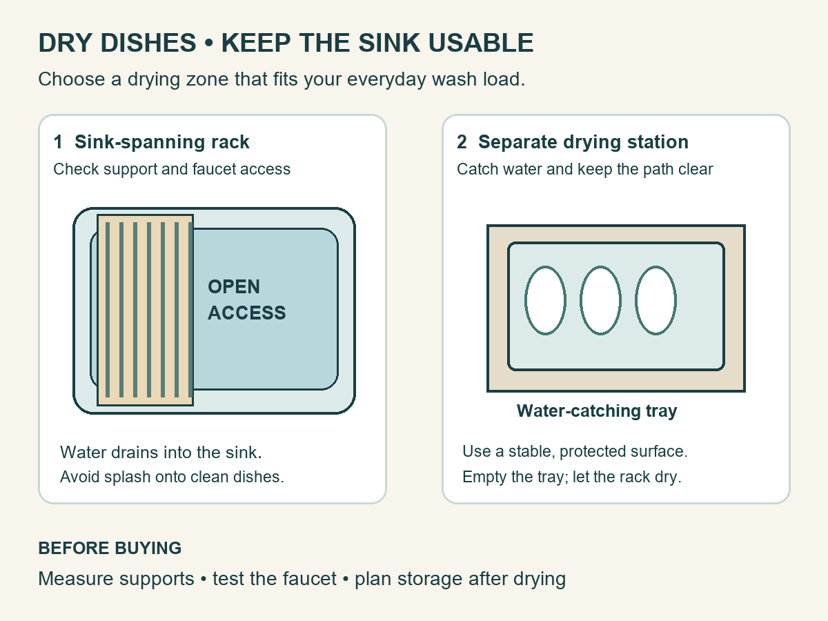 Two dish-drying layouts: a rack spanning part of the sink with open access, and a separate station with a water-catching tray.
