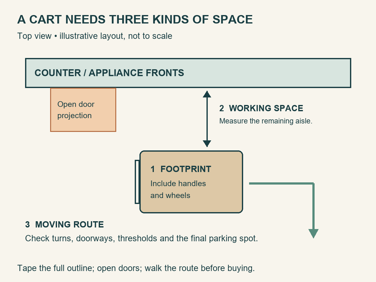 Top-down cart layout showing its complete footprint, the working aisle beside appliance fronts, and a turning route to its parking spot.