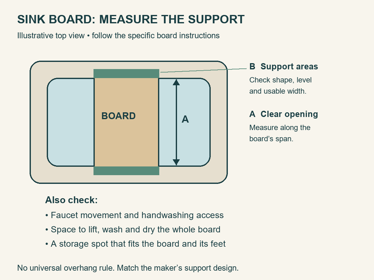 Top view of a sink-spanning cutting board, marking the clear opening along its span and the support areas at both ends.