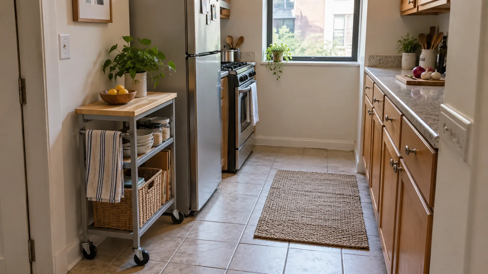 Narrow rolling cart parked against the wall beside a small apartment kitchen, with the adjacent walking route visible.