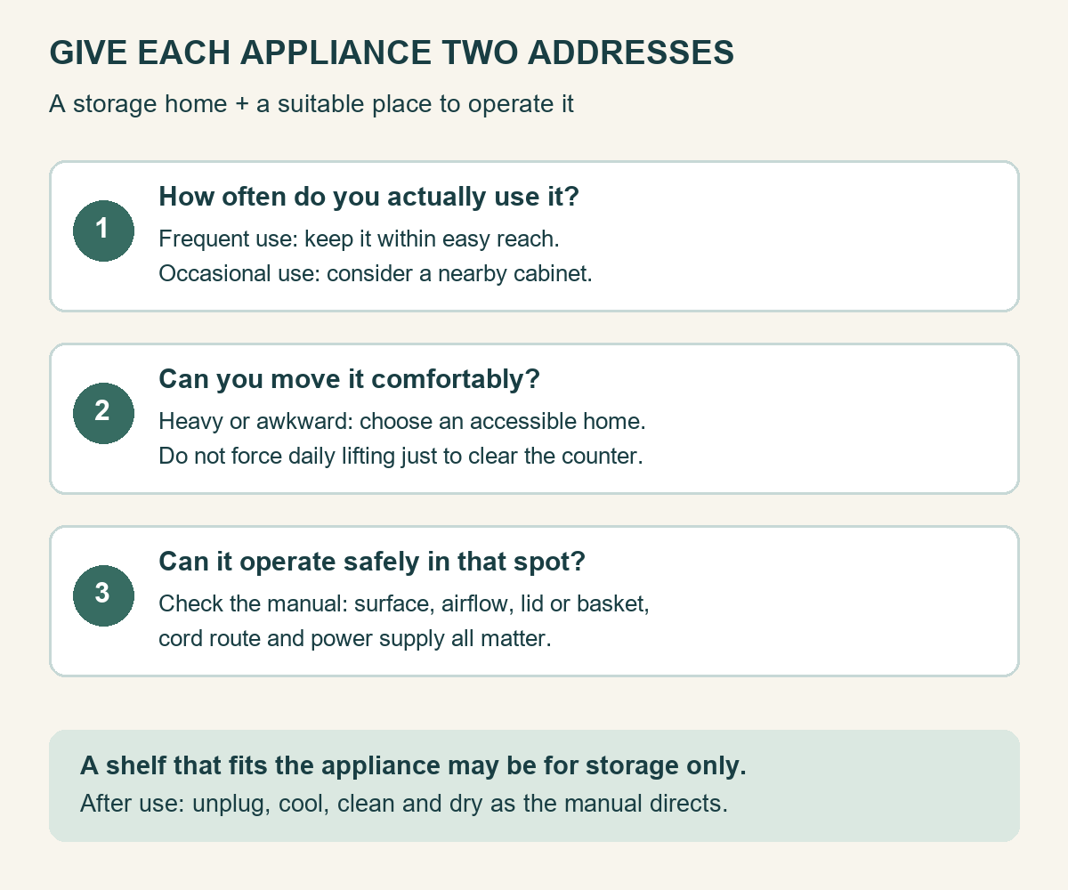Three appliance placement checks: how often it is used, whether it can be moved comfortably, and whether the chosen spot meets its operating instructions.