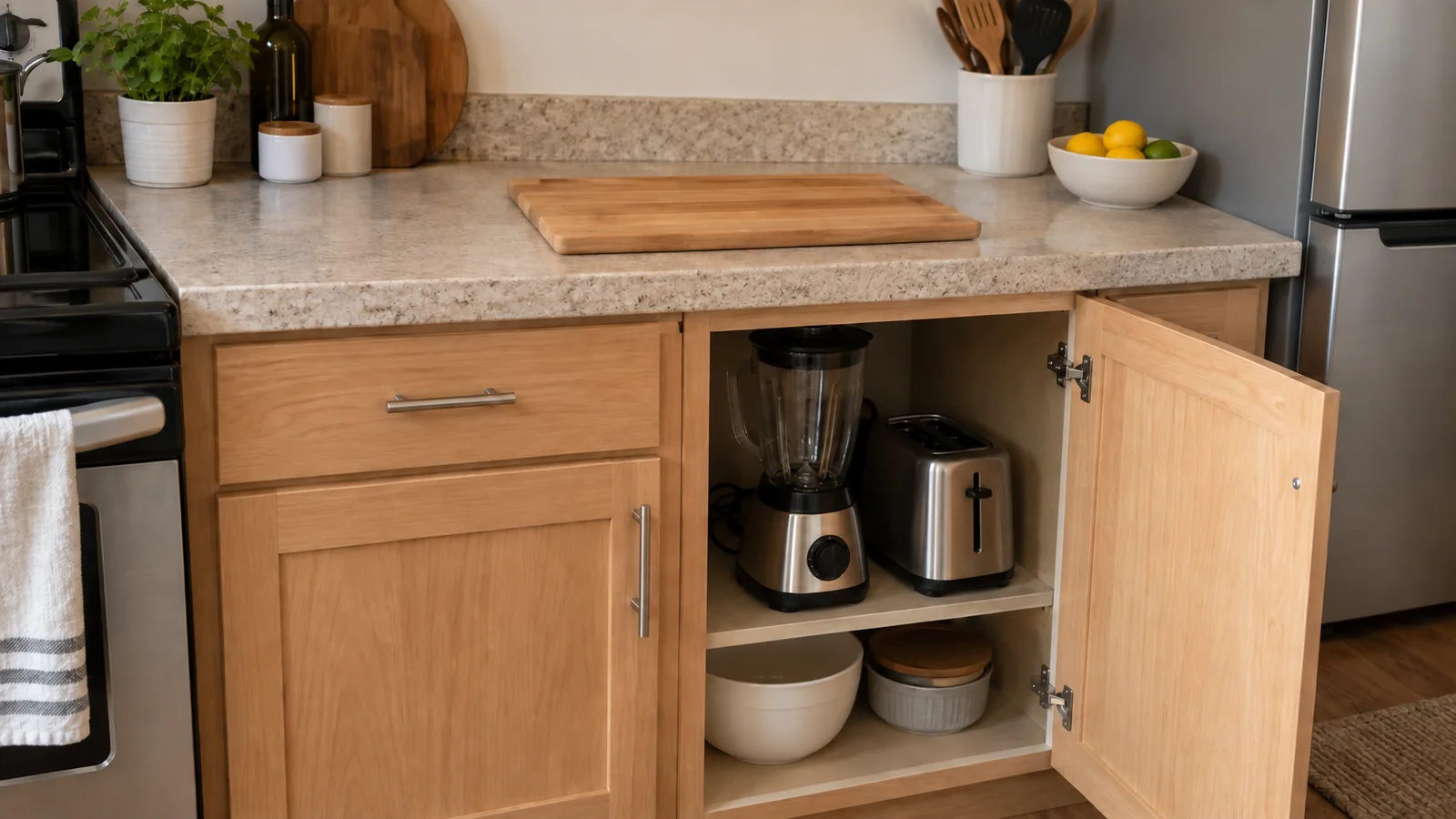 Blender and toaster stored upright in an open lower cabinet beneath a clear kitchen preparation counter.