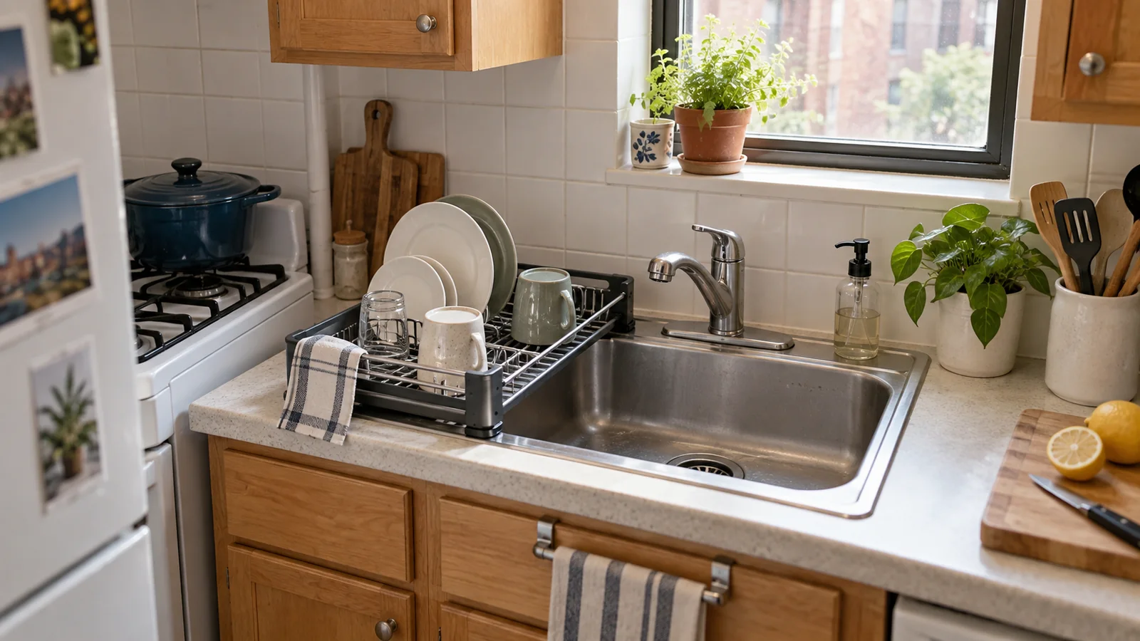 Dish rack beside a compact apartment sink, with dishes drying and the main basin still open.