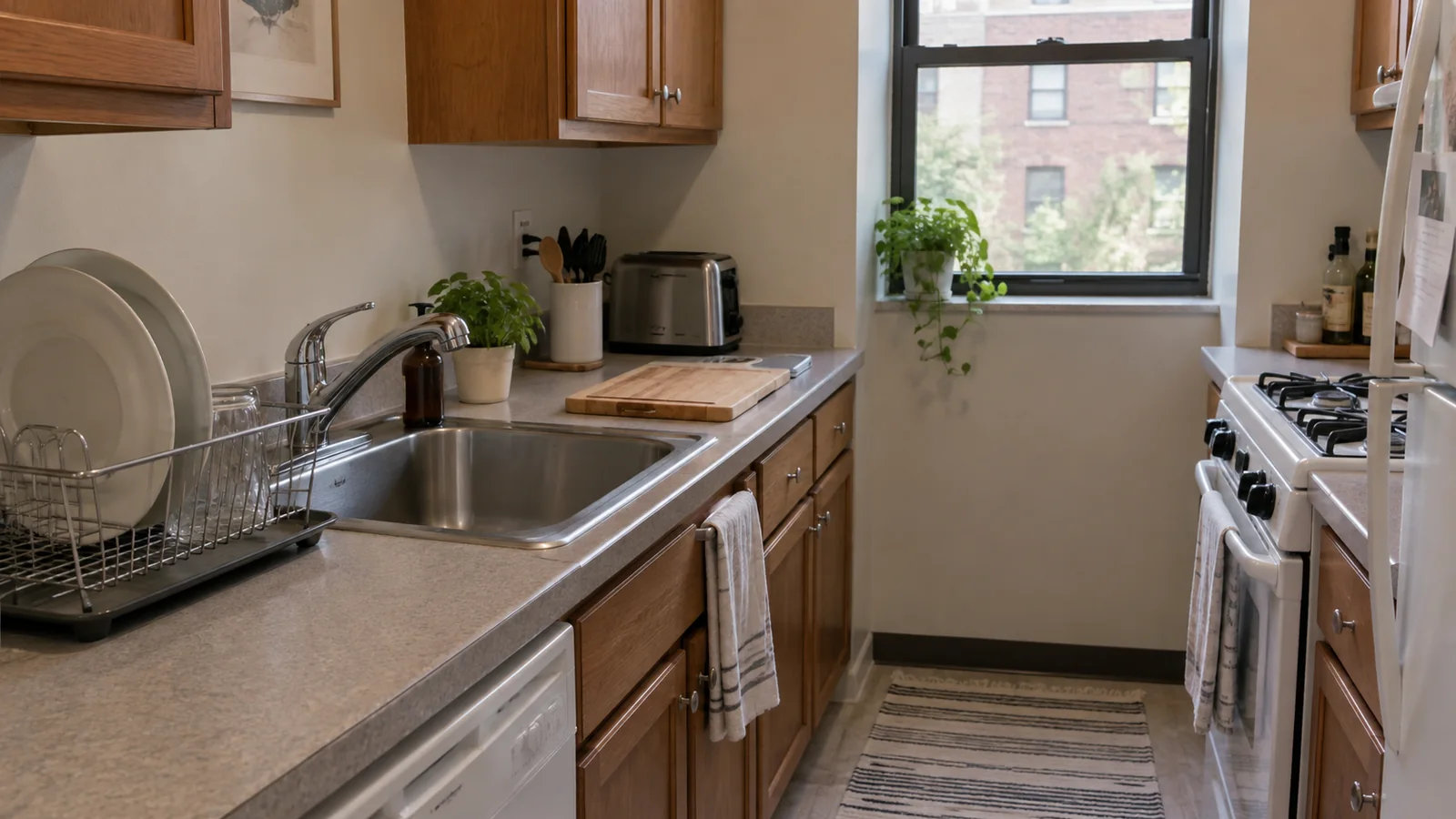 Small apartment kitchen with a dish rack beside the sink and a cutting board on the limited counter.