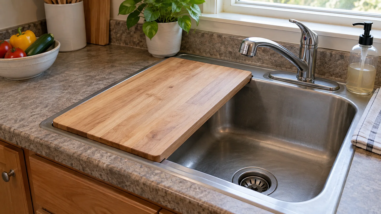 Wooden cutting board resting across part of a kitchen sink, leaving an open basin area beside the faucet.